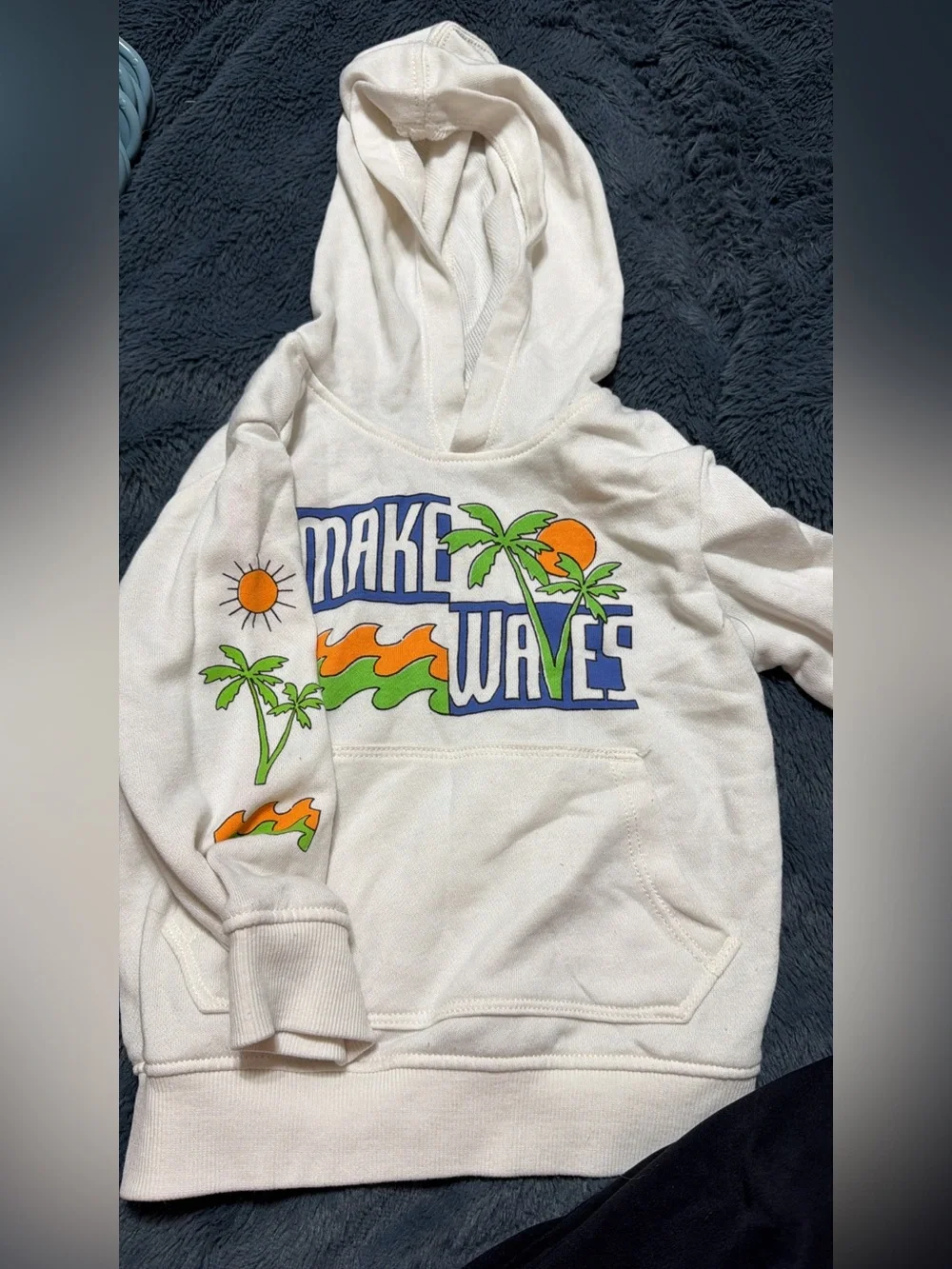 Old Navy Cream Hoodie with Blue, Green & Orange Surf Graphic